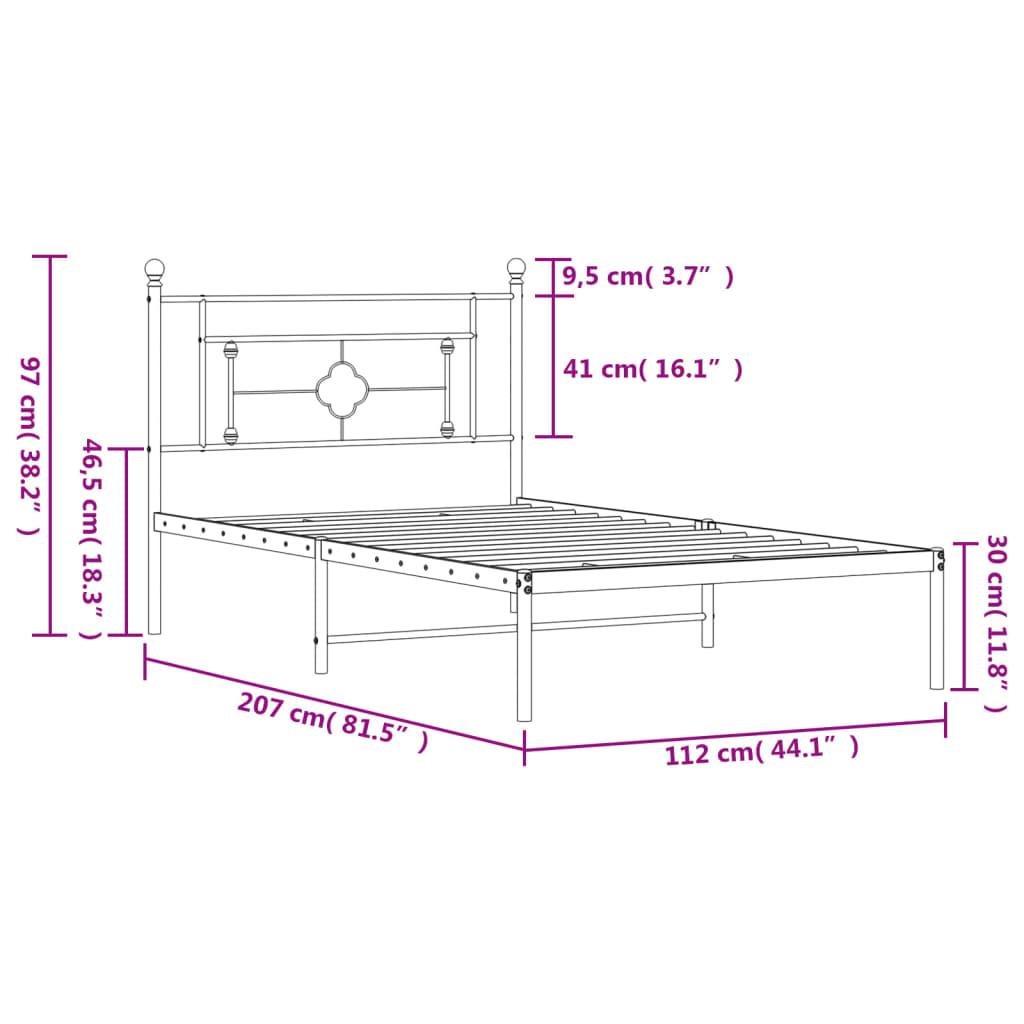 Sengeramme i metall med hodegavl svart 107x203 cm