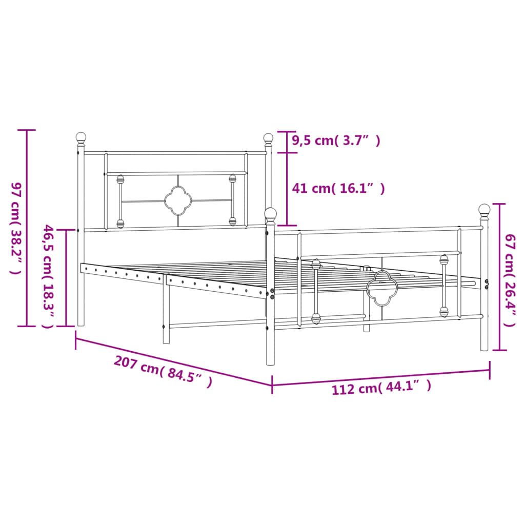 Sengeramme i metall med hode- og fotgavl svart 107x203 cm