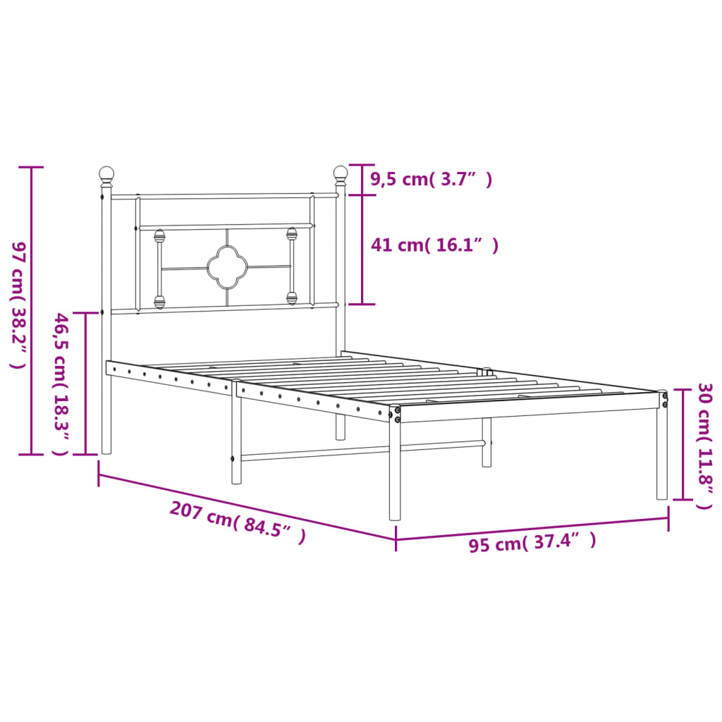 Sengeramme i metall med hodegavl hvit 90x200 cm