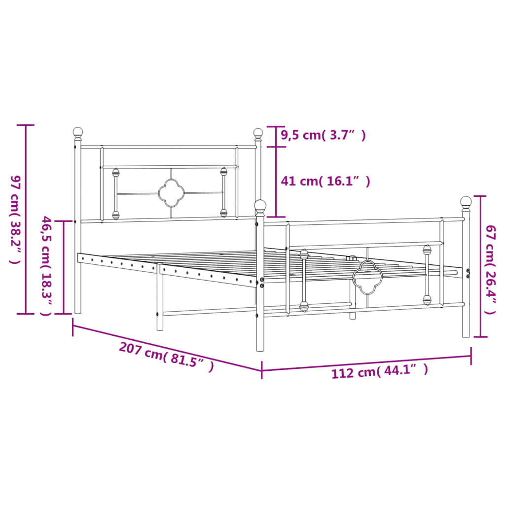 Sengeramme i metall med hode- og fotgavl hvit 107x203 cm