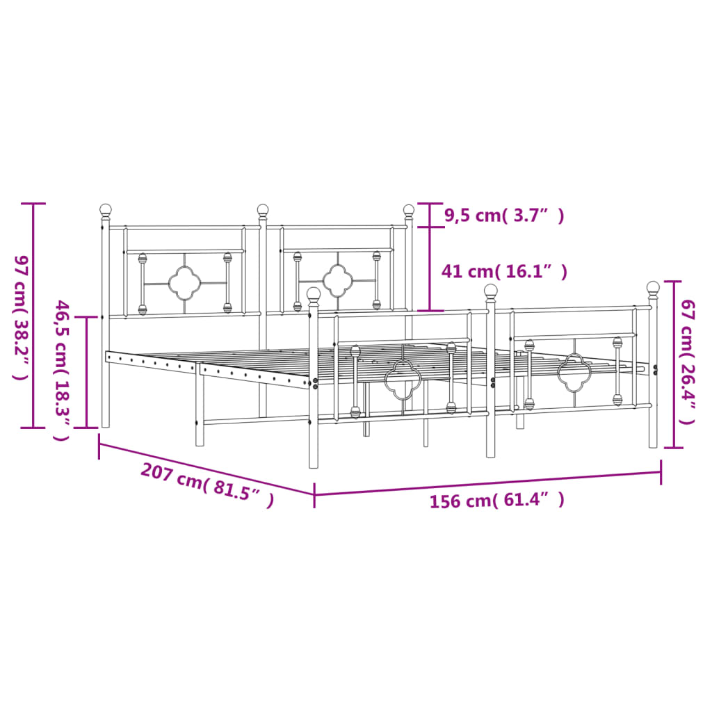 Sengeramme i metall med hode- og fotgavl hvit 150x200 cm