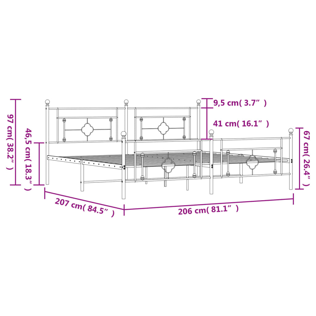 Sengeramme i metall med hode- og fotgavl hvit 200x200 cm