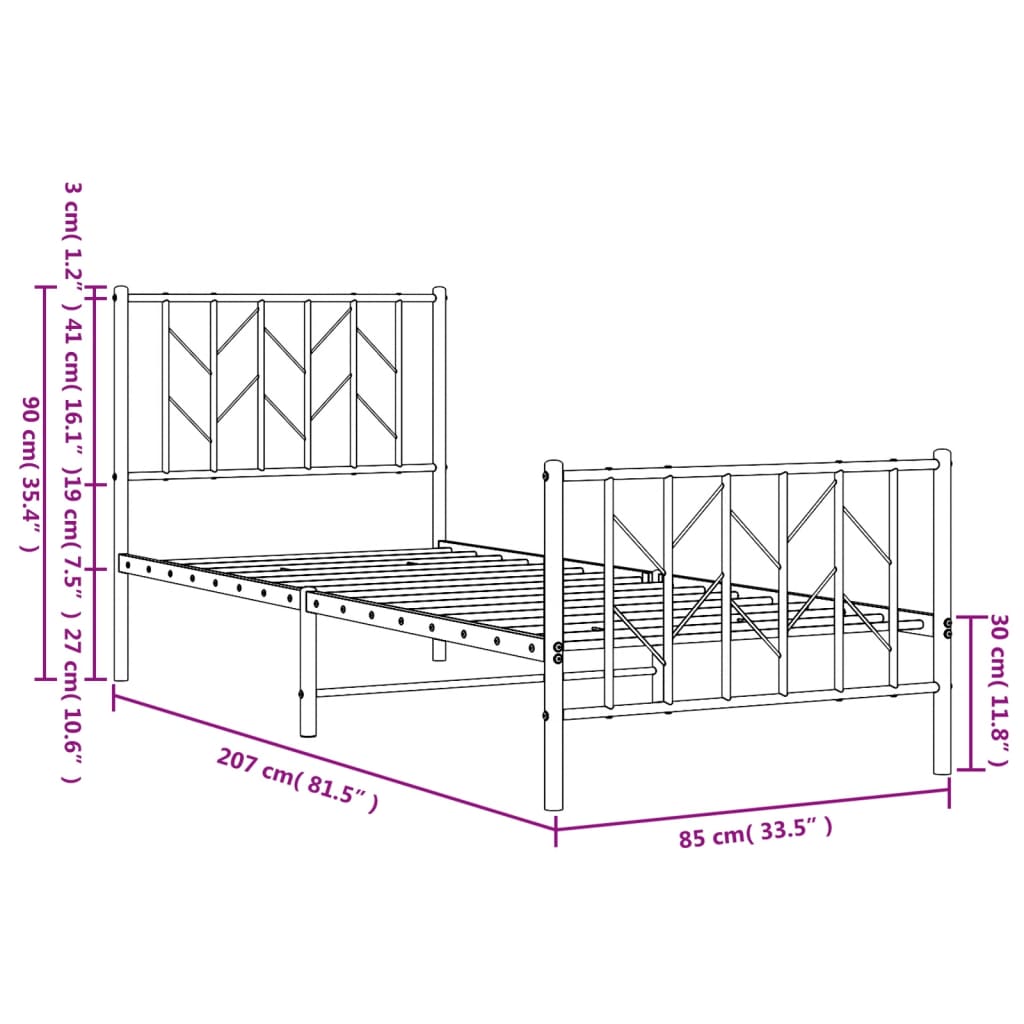 Sengeramme i metall med hode- og fotgavl hvit 80x200 cm