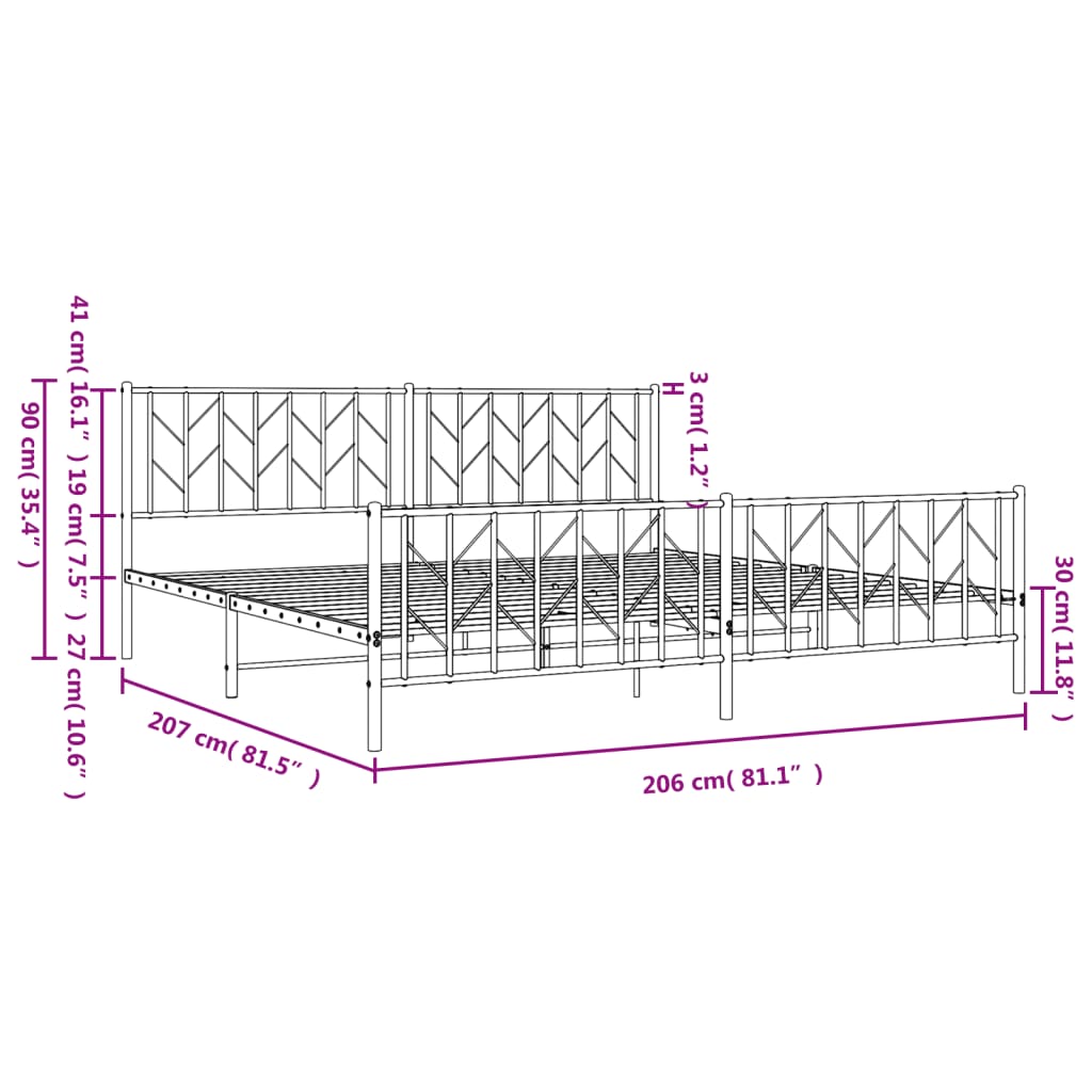 Sengeramme i metall med hode- og fotgavl hvit 200x200 cm