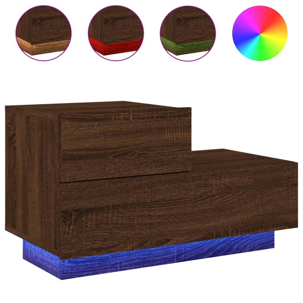 Nattbord med LED brun eik 70x36x40,5 cm