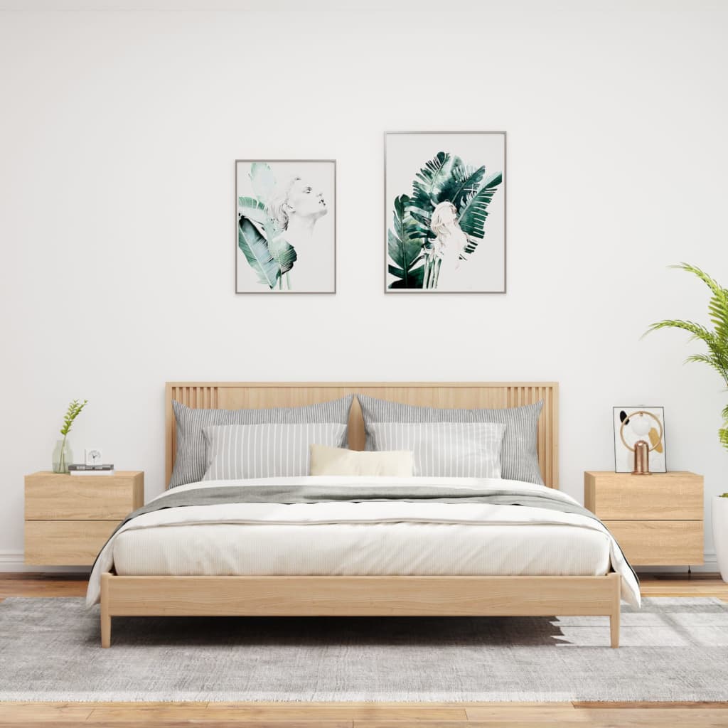 Vegghengte nattbord med LED-lys 2 stk sonoma eik