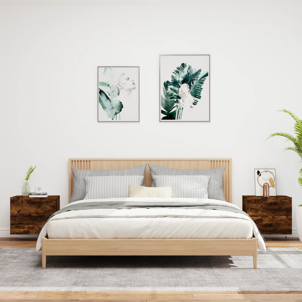 Vegghengte nattbord med LED-lys 2 stk røkt eik