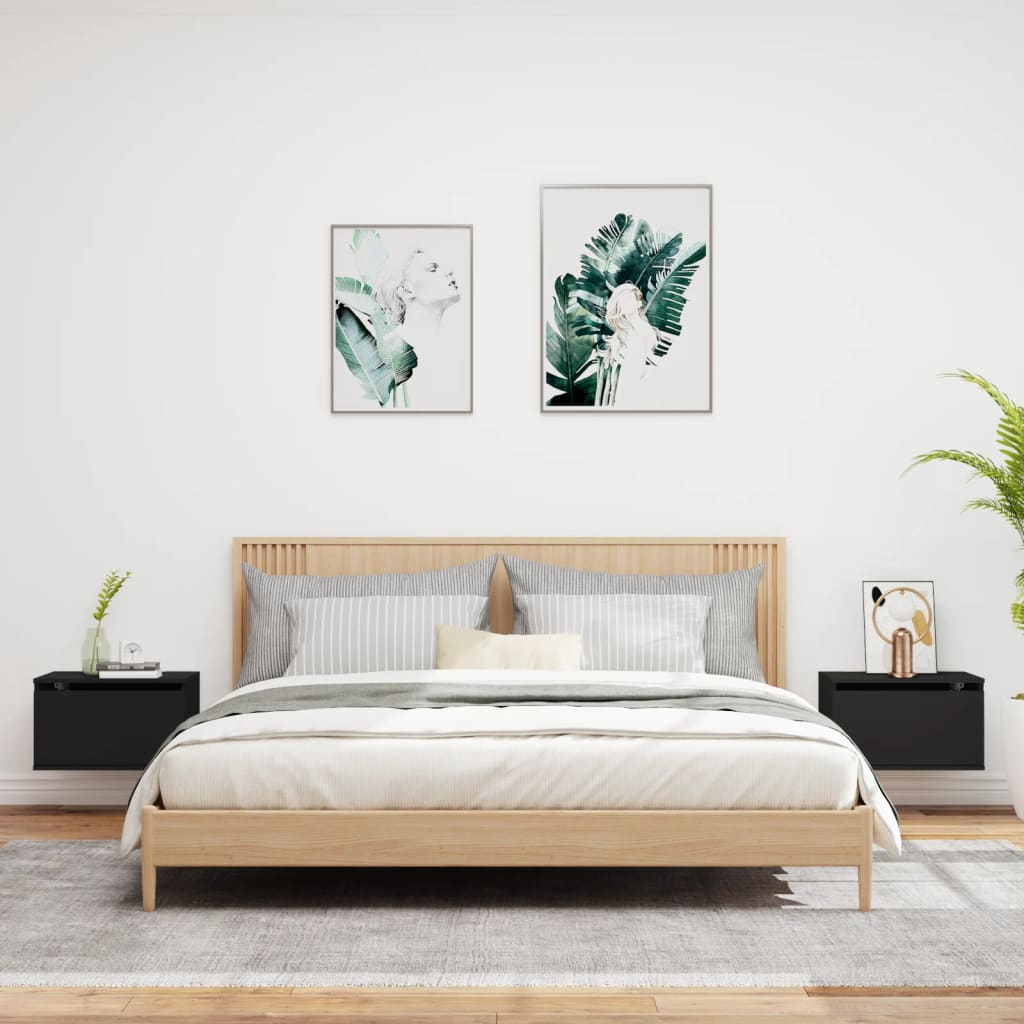 Vegghengte nattbord med LED-lys 2 stk svart