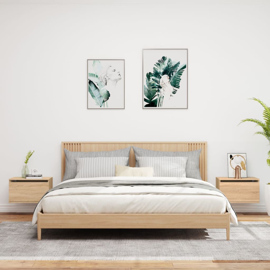 Vegghengte nattbord med LED-lys 2 stk sonoma eik