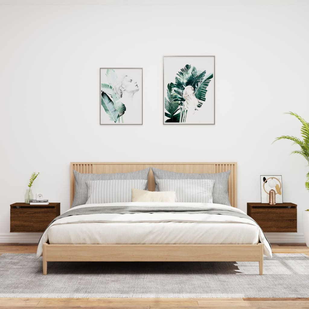 Vegghengte nattbord med LED-lys 2 stk brun eik