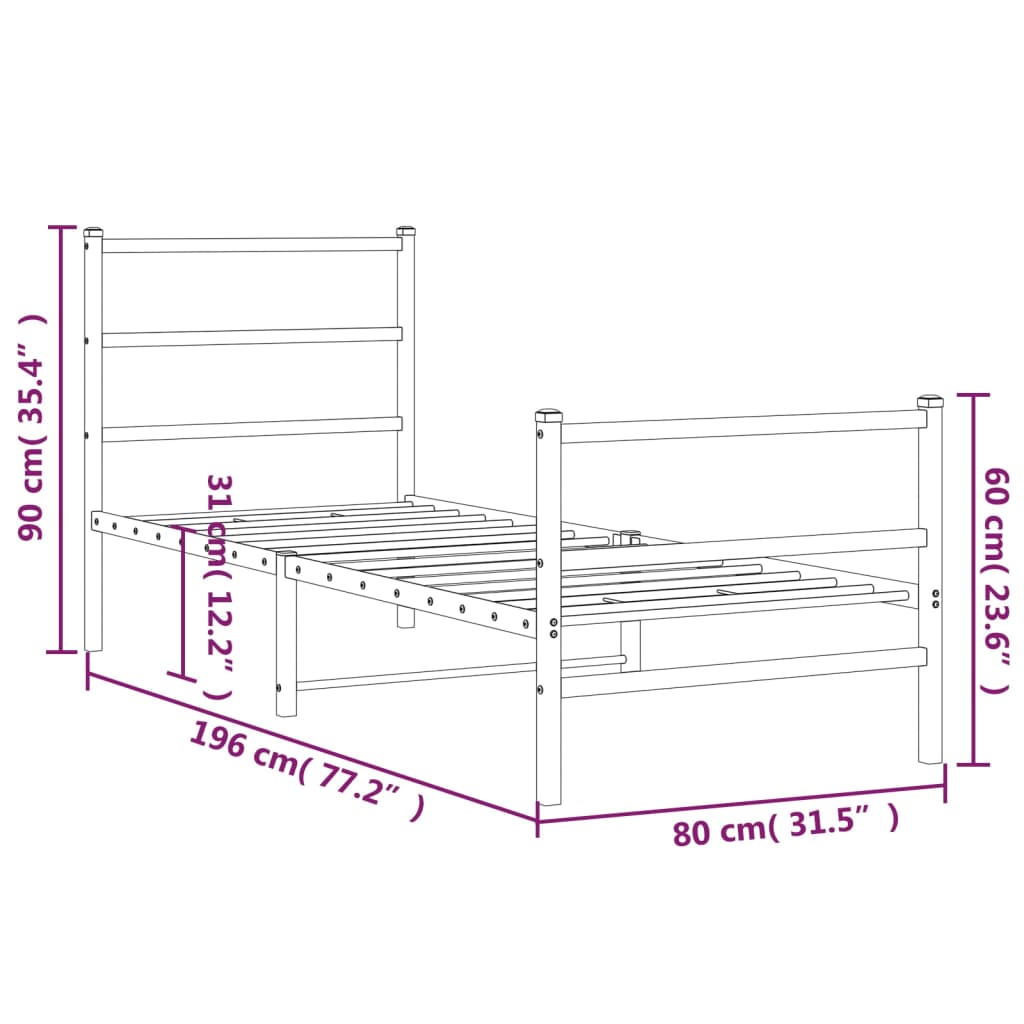Sengeramme i metall med hode- og fotgavl hvit 75x190 cm