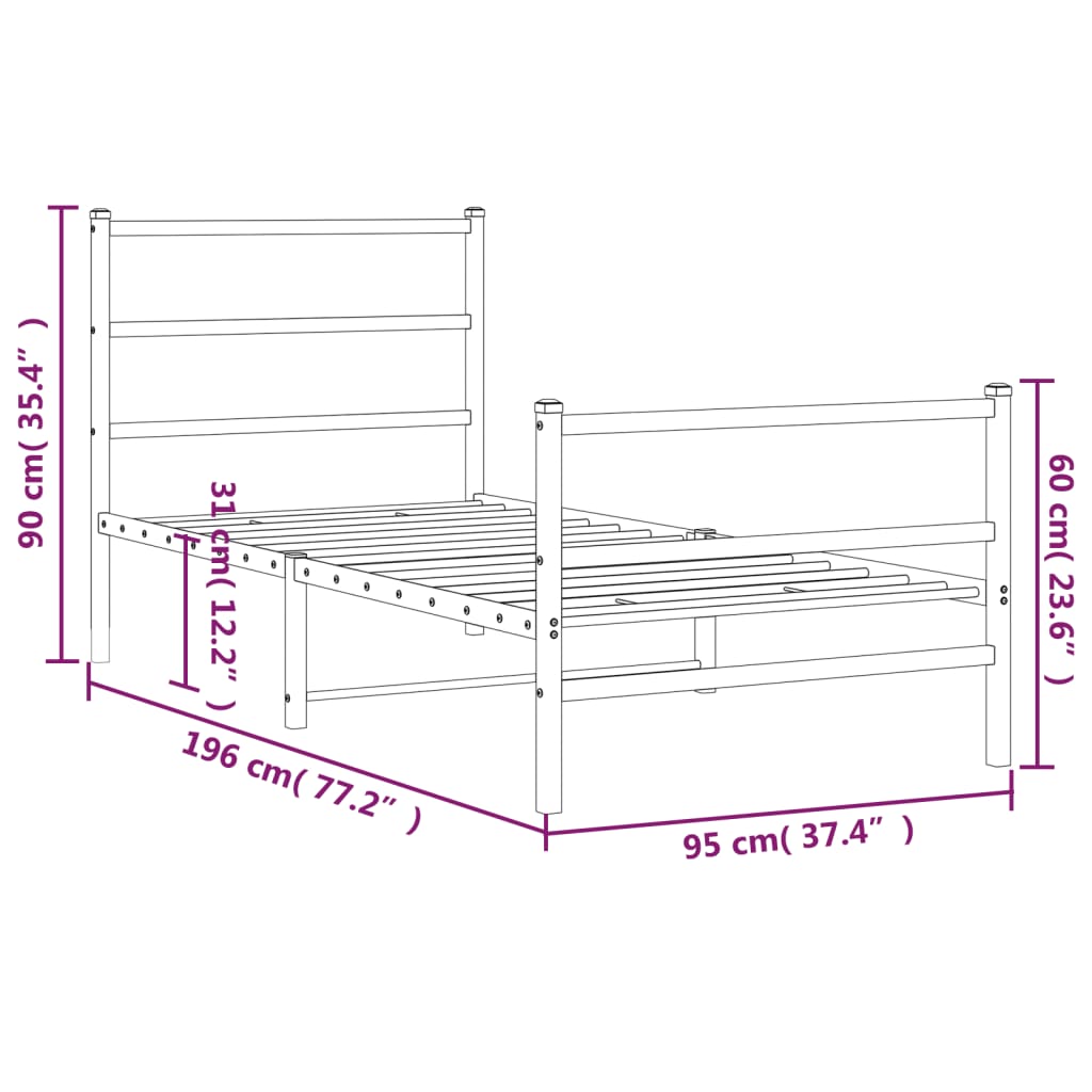 Sengeramme i metall med hode- og fotgavl hvit 90x190 cm