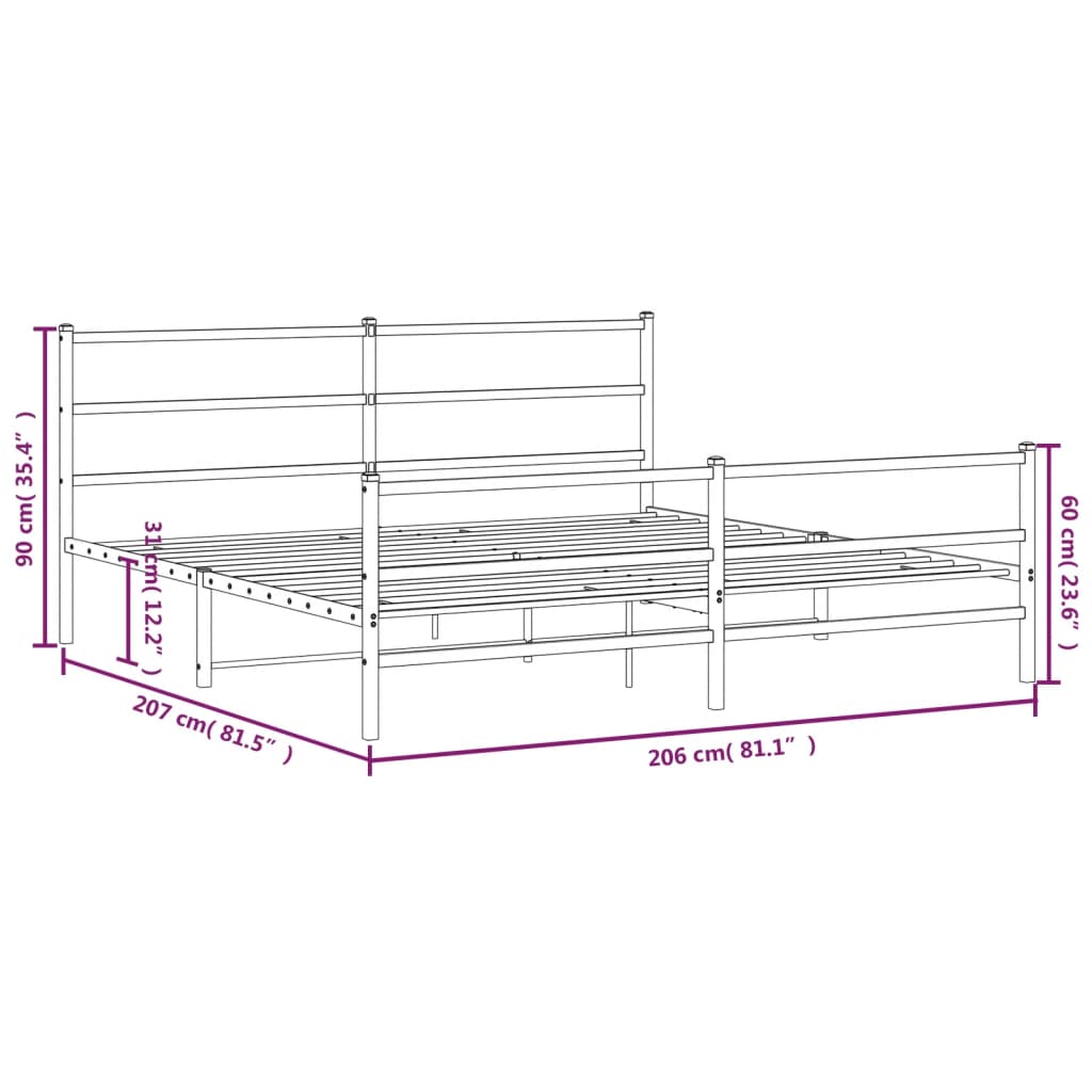 Sengeramme i metall med hode- og fotgavl hvit 200x200 cm