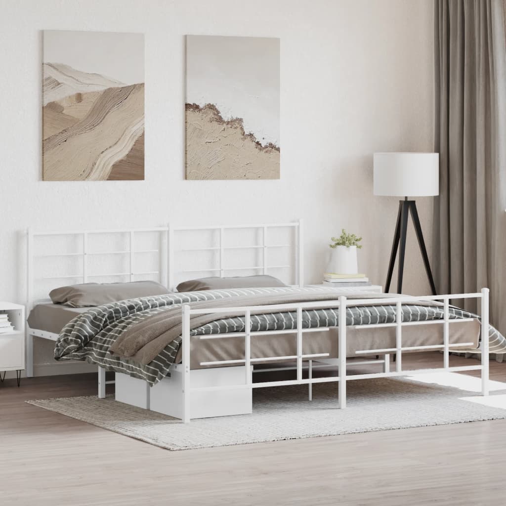 Sengeramme i metall med hode- og fotgavl hvit 193x203 cm