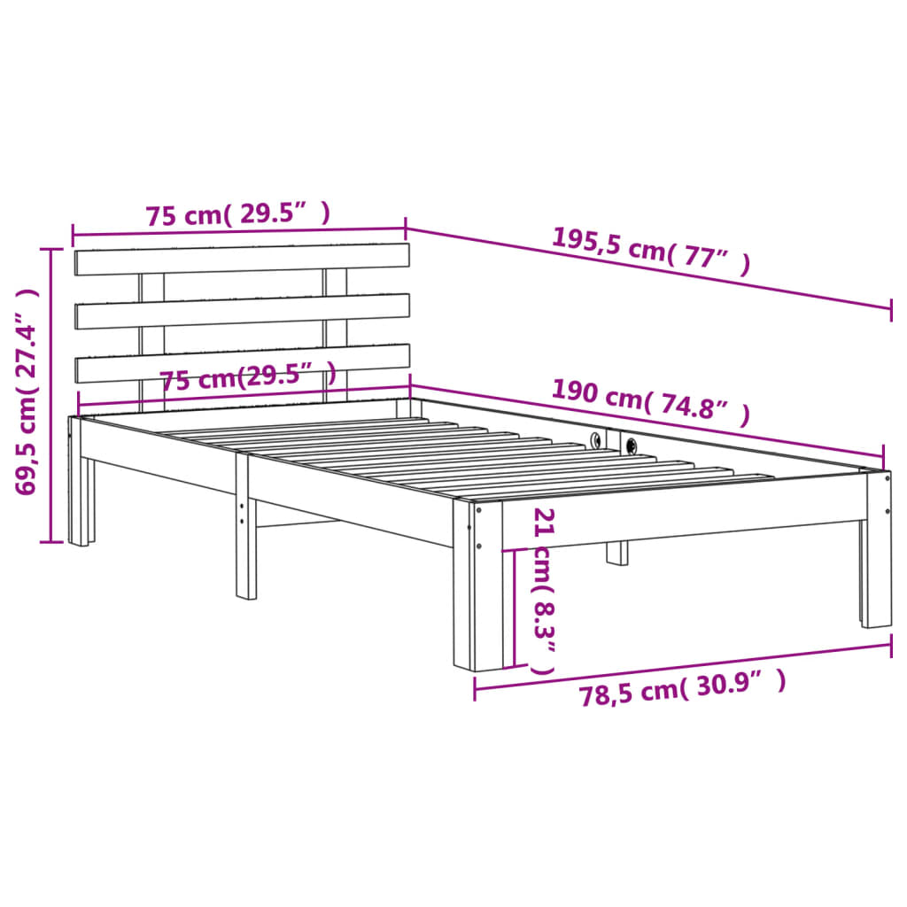 Sengeramme uten madrass voksbrun 75x190 cm heltre furu