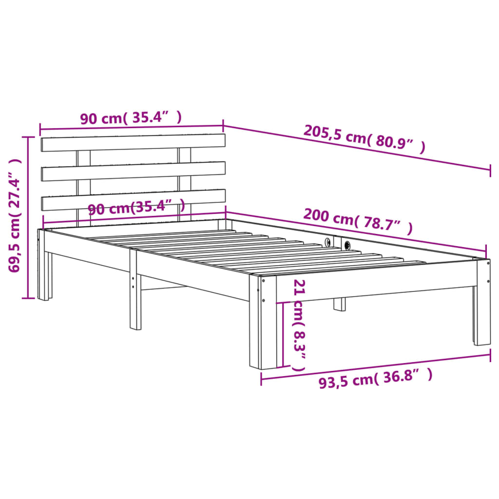 Sengeramme uten madrass voksbrun 90x200 cm heltre furu