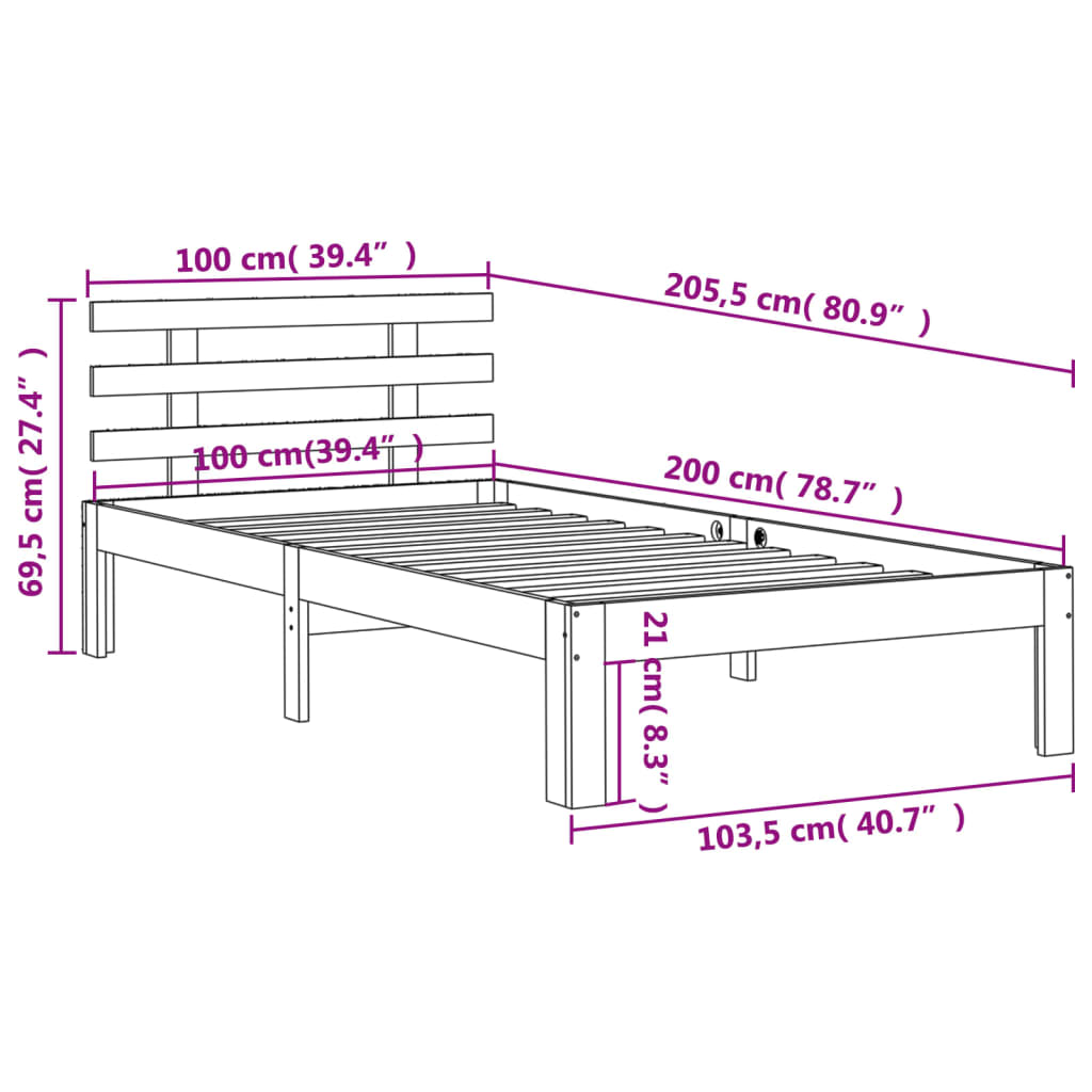 Sengeramme uten madrass voksbrun 100x200 cm heltre furu