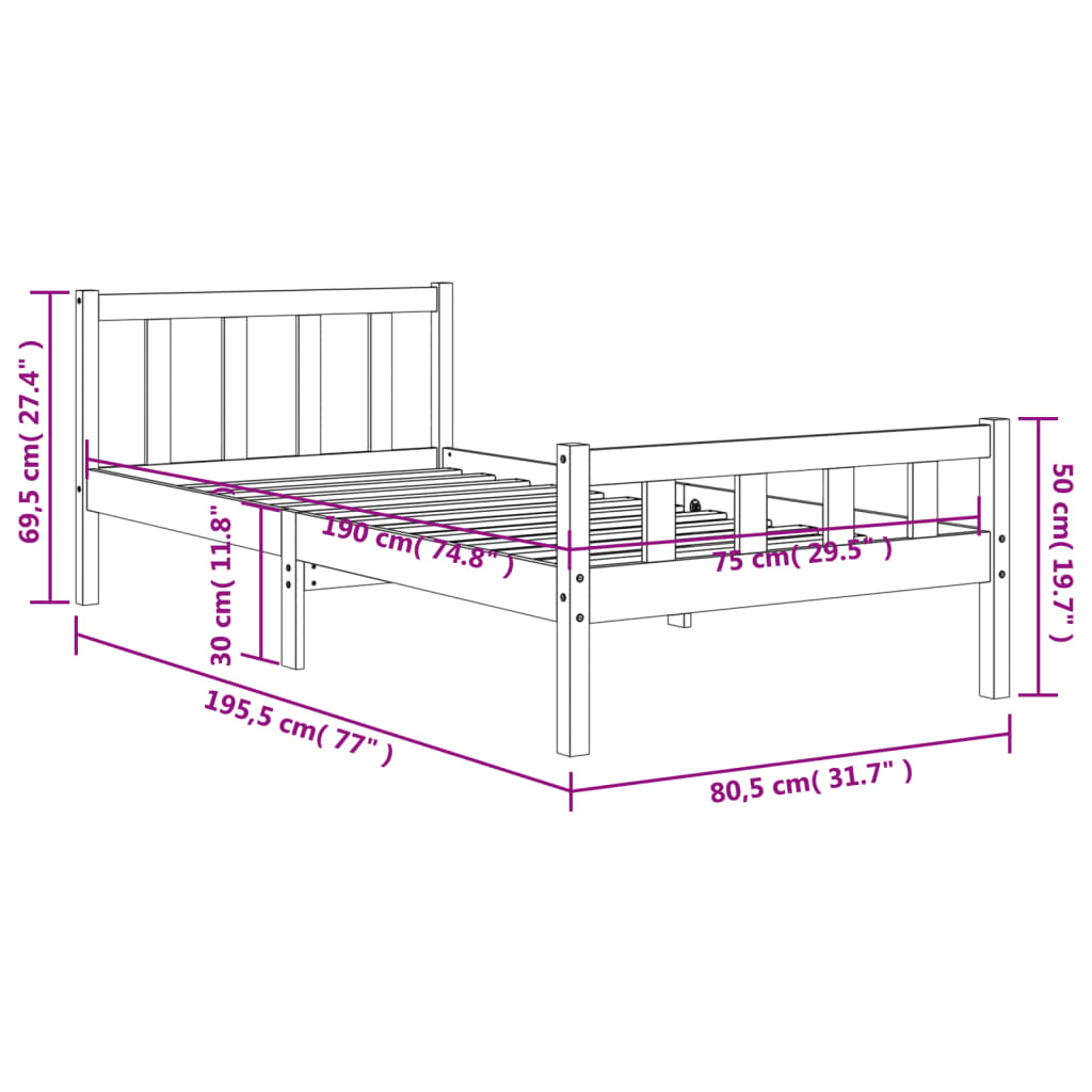 Sengeramme uten madrass voksbrun 75x190 cm heltre furu