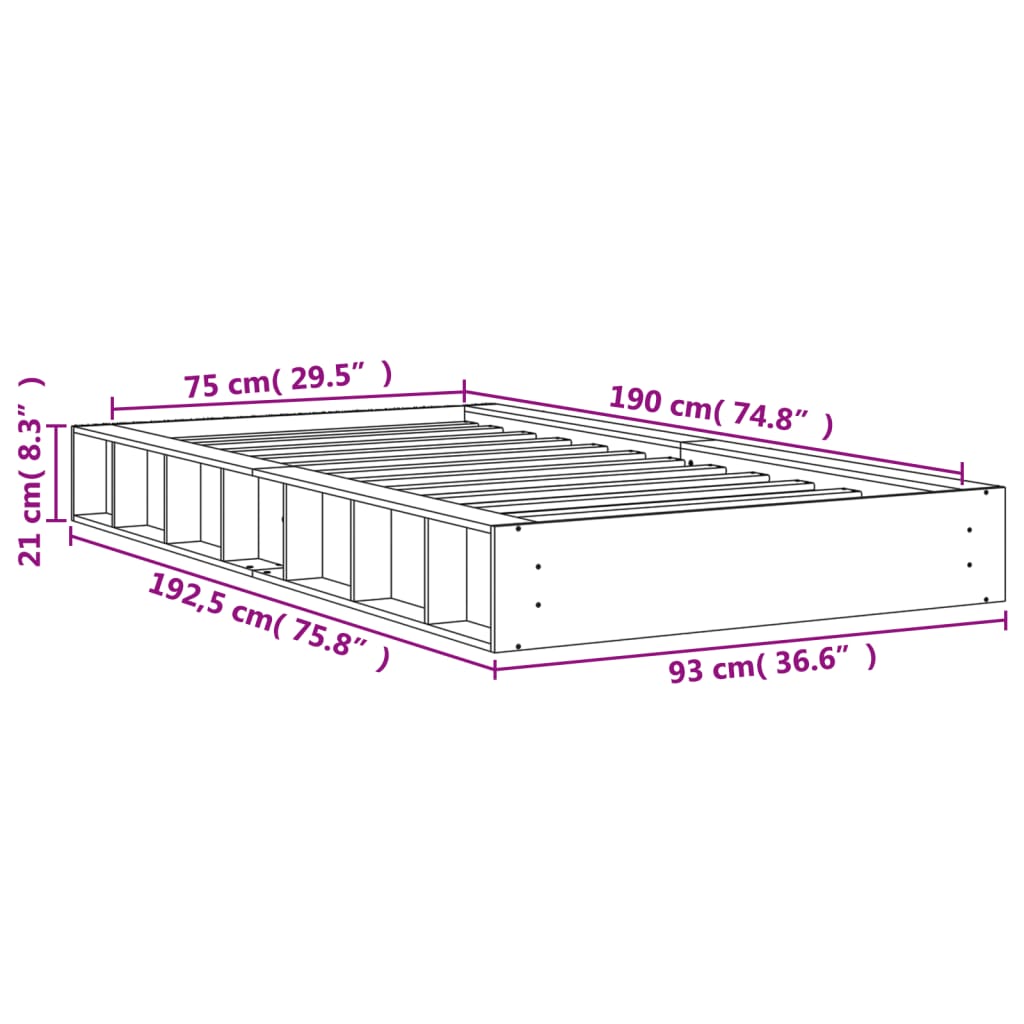 Sengeramme uten madrass voksbrun 75x190 cm heltre furu