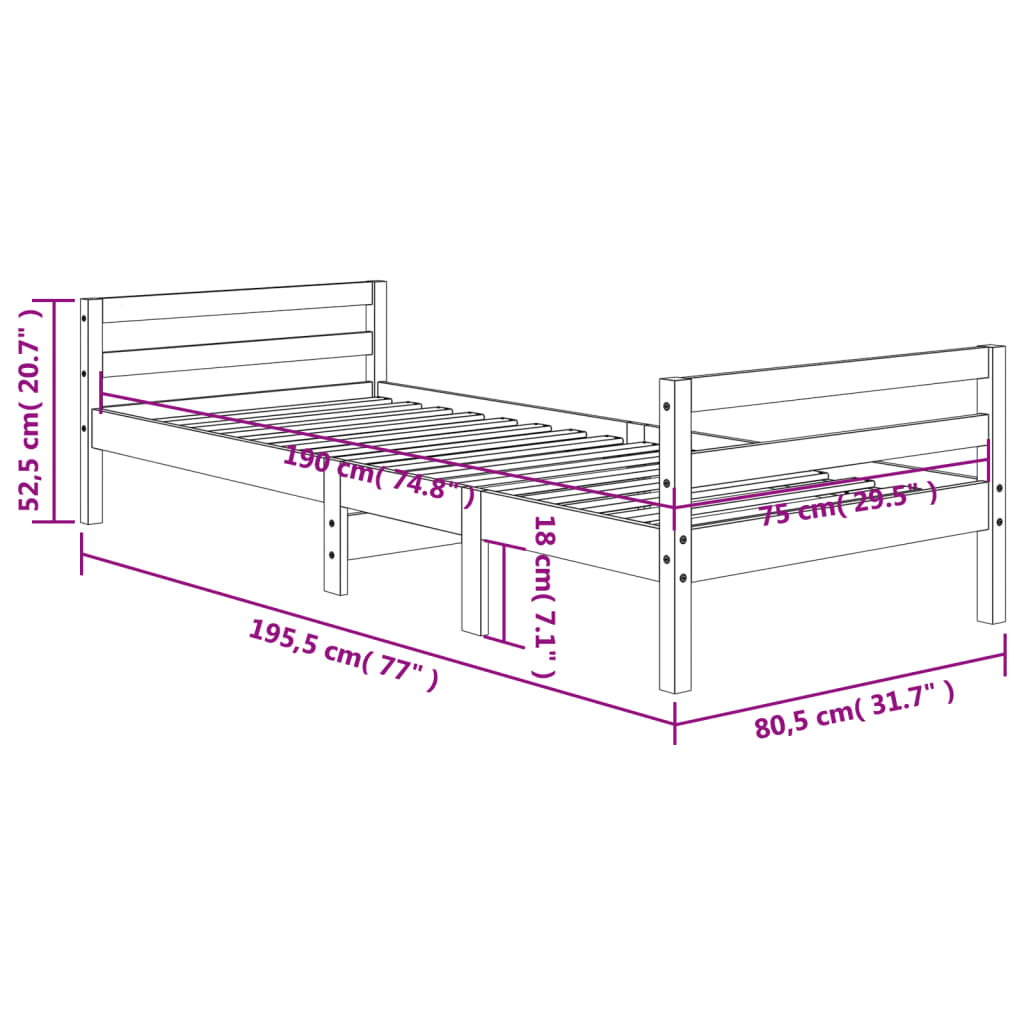 Sengeramme uten madrass voksbrun 75x190 cm heltre furu