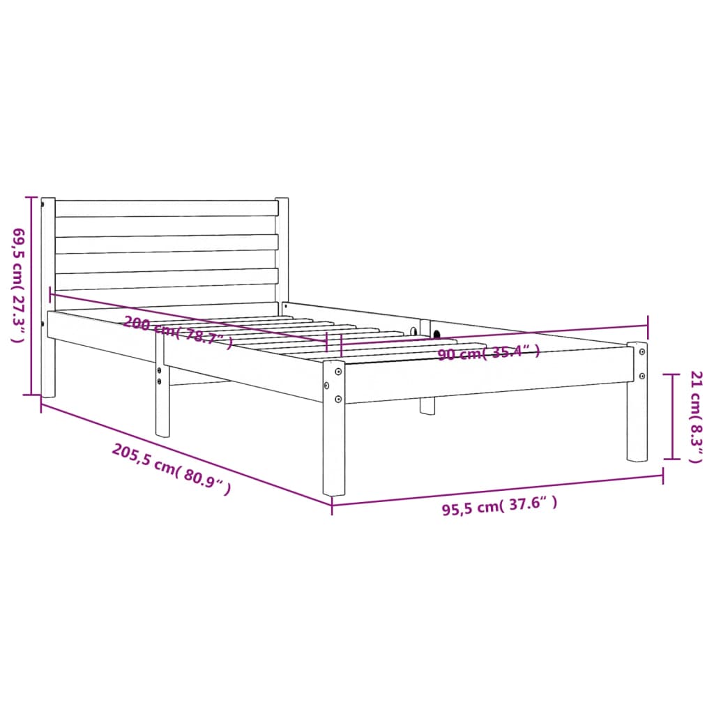 Sengeramme uten madrass voksbrun 90x200 cm heltre furu