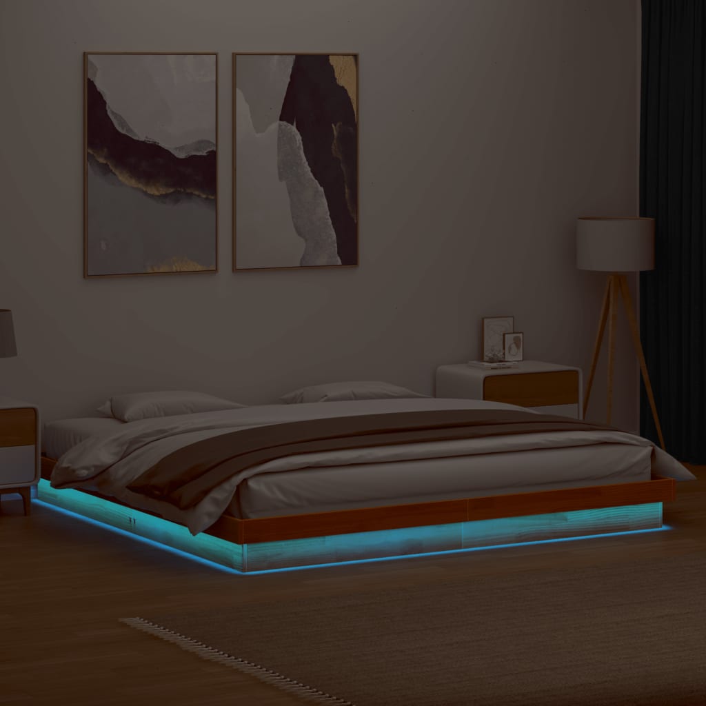 LED-sengeramme voksbrun 200x200 cm heltre furu