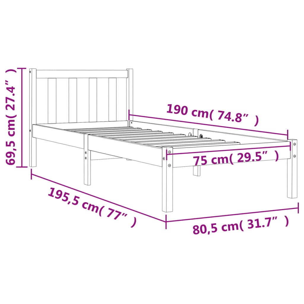 Sengeramme uten madrass voksbrun 75x190 cm heltre furu