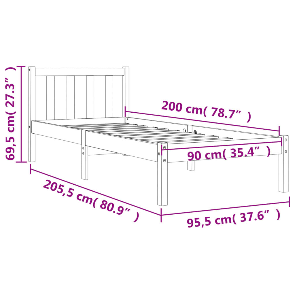 Sengeramme uten madrass voksbrun 90x200 cm heltre furu