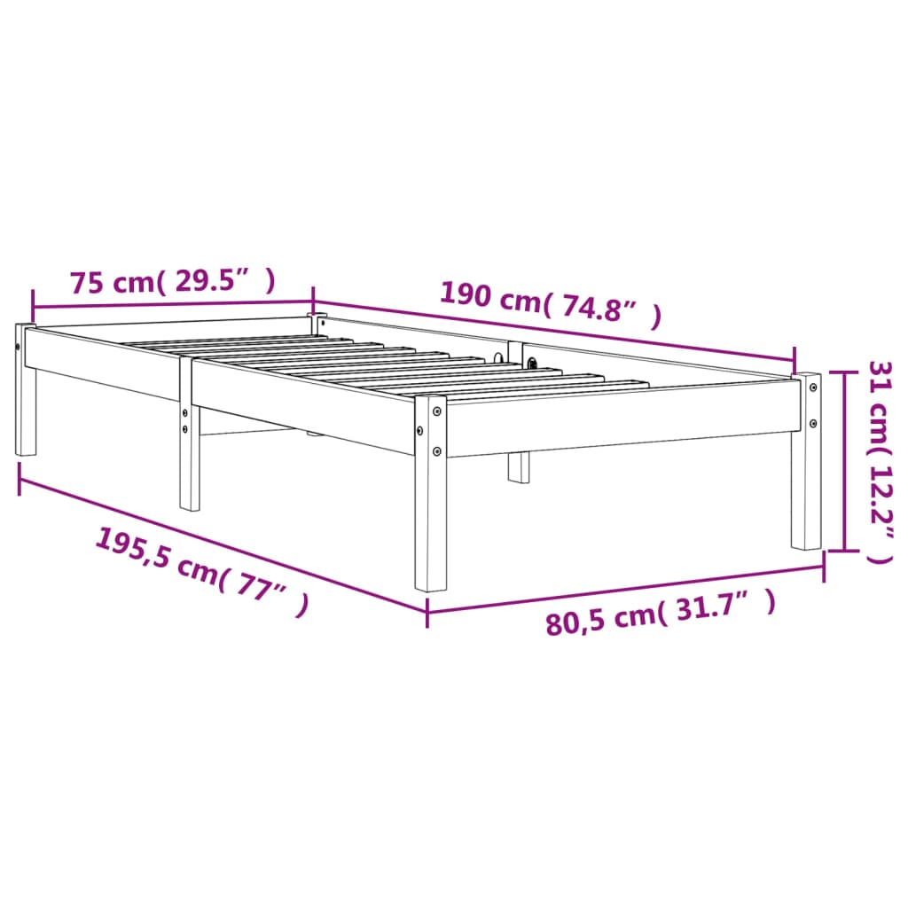 Sengeramme uten madrass voksbrun 75x190 cm heltre furu