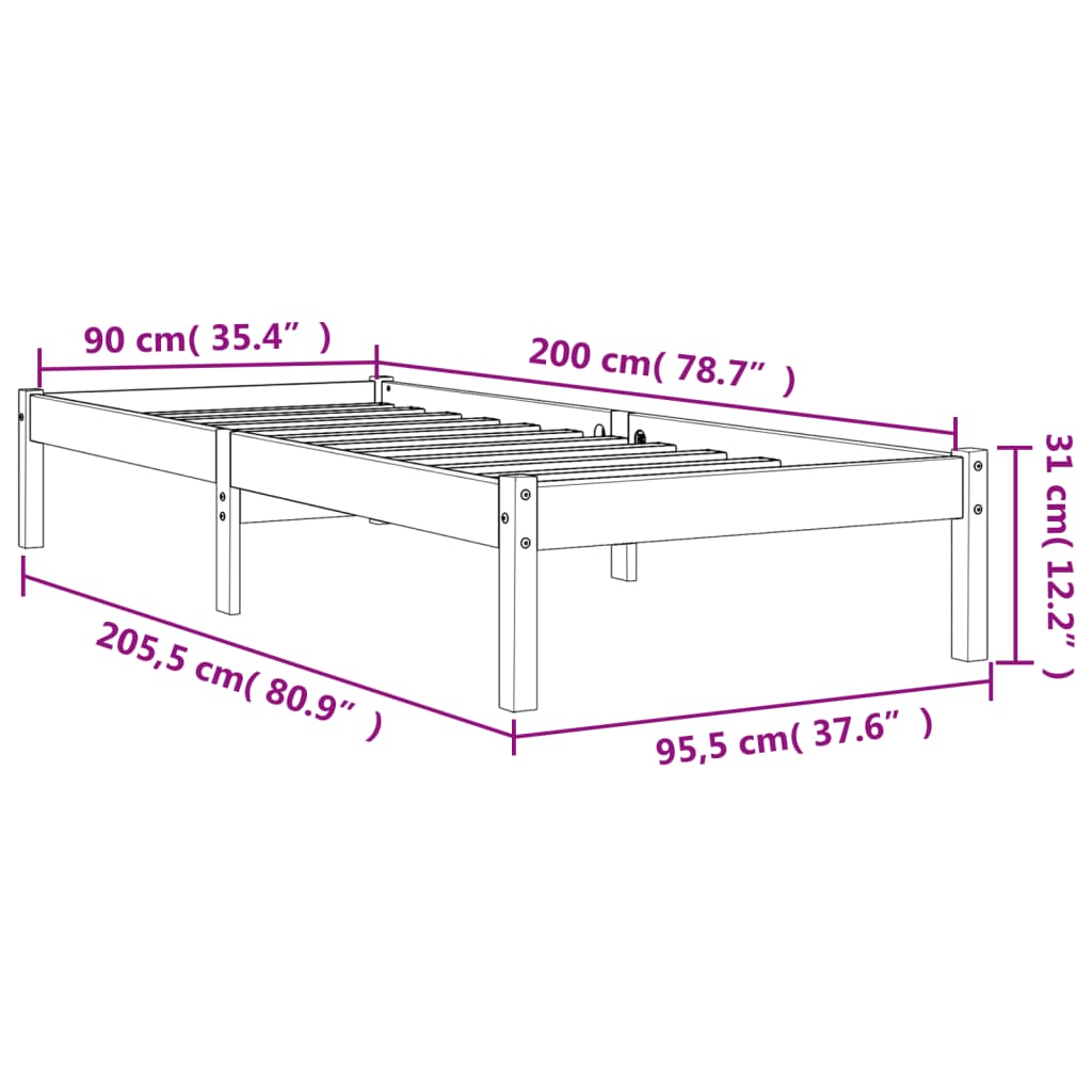 Sengeramme uten madrass voksbrun 90x200 cm heltre furu