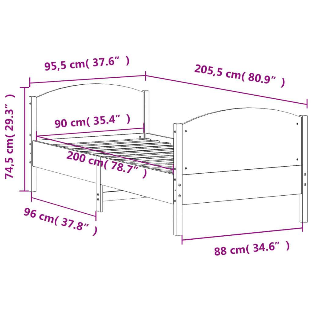 Sengeramme uten madrass voksbrun 90x200 cm heltre furu