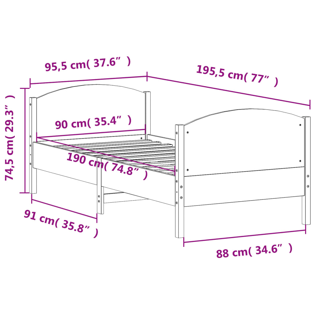 Sengeramme uten madrass voksbrun 90x190 cm heltre furu