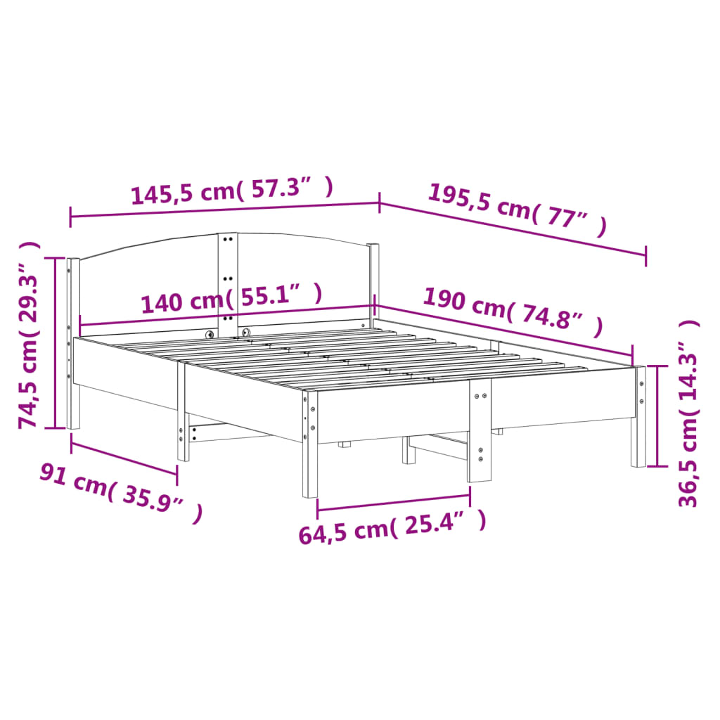 Sengeramme uten madrass voksbrun 140x190 cm heltre furu