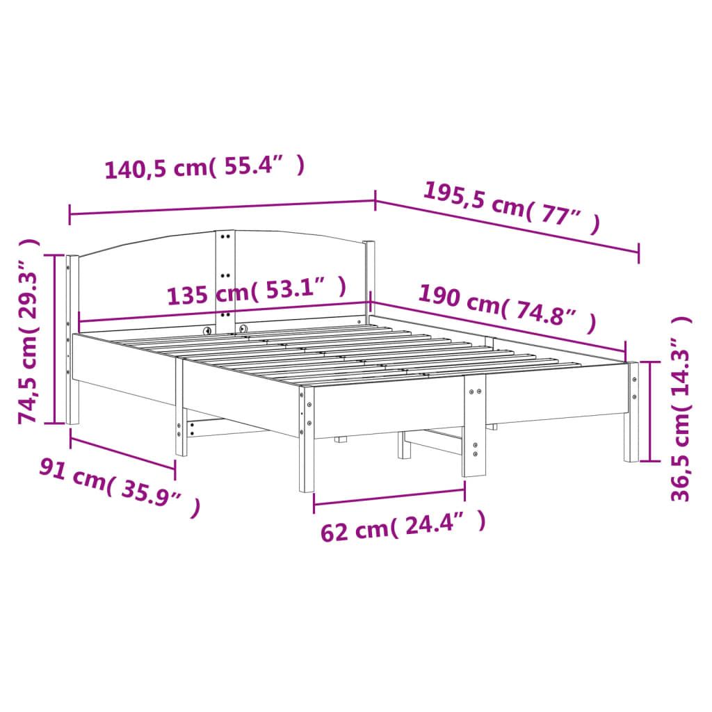 Sengeramme uten madrass brun 135x190 cm heltre furu