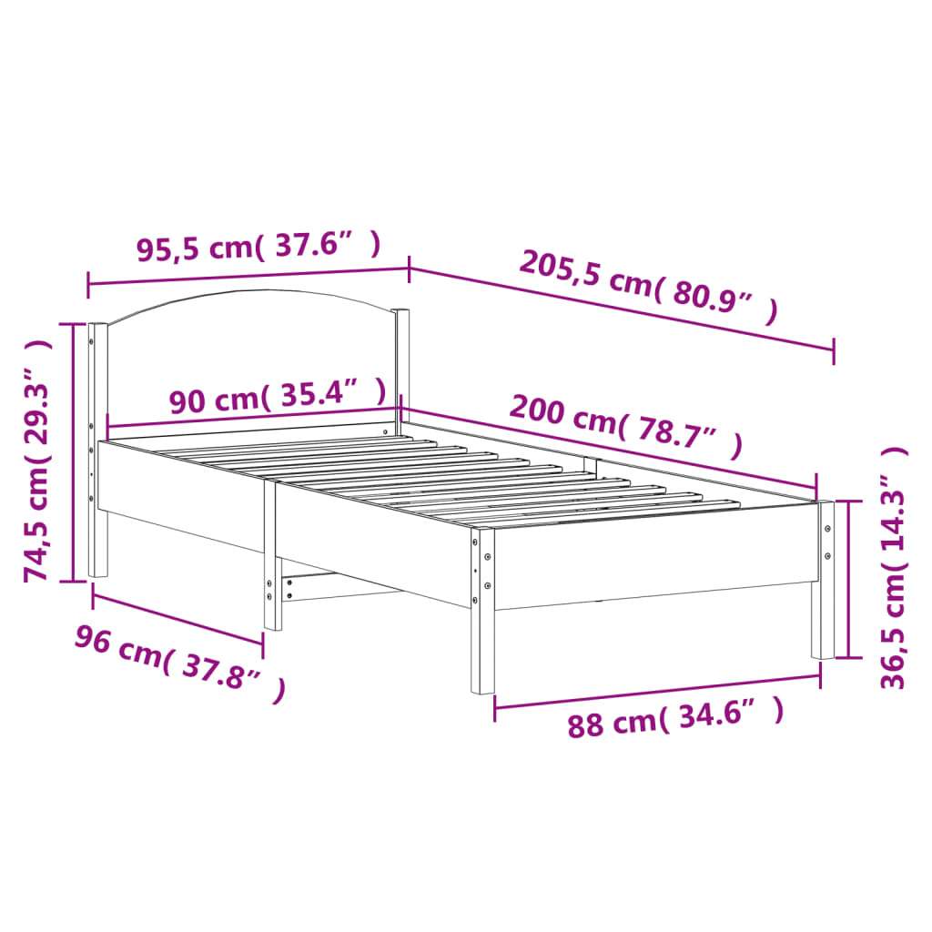 Sengeramme uten madrass hvit 90x200 cm heltre furu