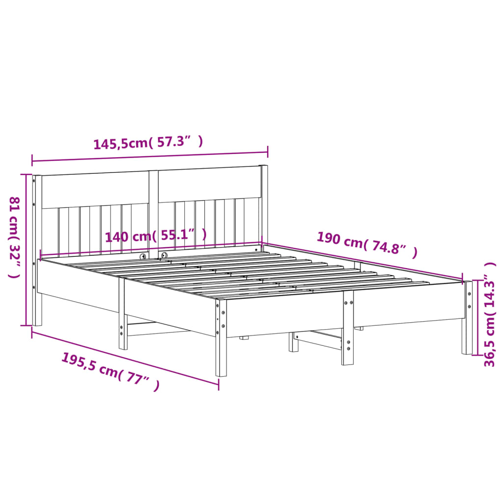 Sengeramme uten madrass hvit 140x190 cm heltre furu