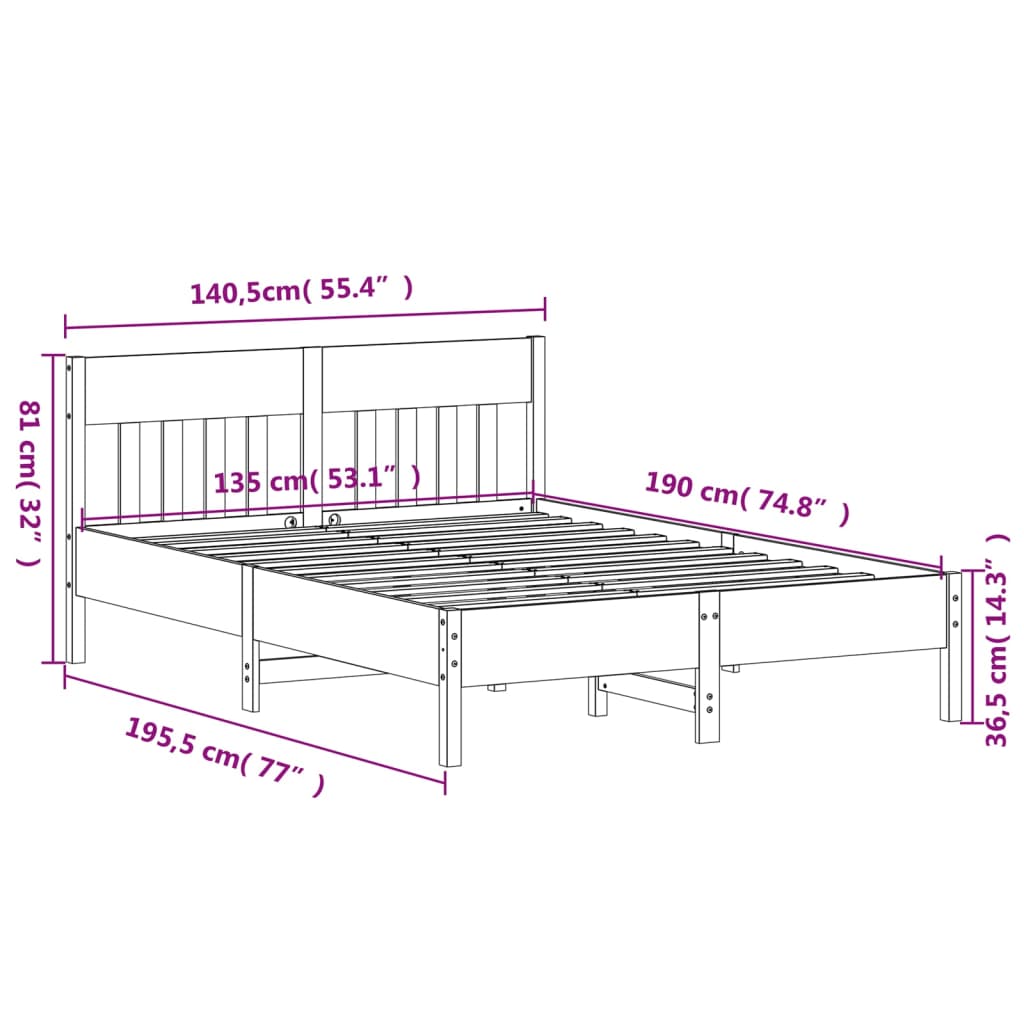 Sengeramme uten madrass hvit 135x190 cm heltre furu