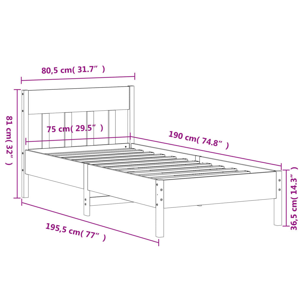 Sengeramme uten madrass hvit 75x190 cm heltre furu