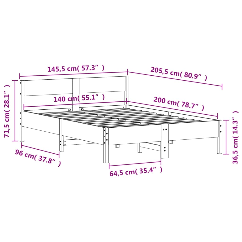 Sengeramme uten madrass 140x200 cm heltre furu