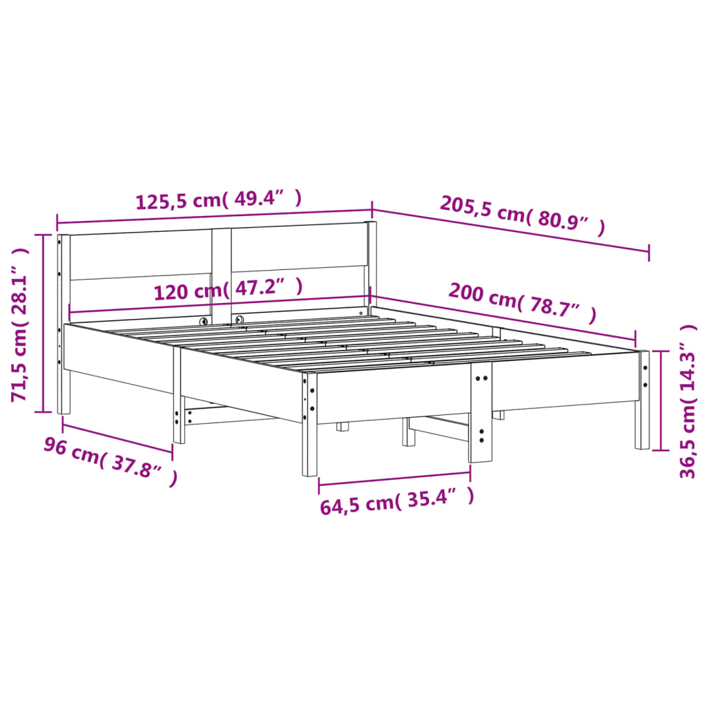 Sengeramme uten madrass 120x200 cm heltre furu