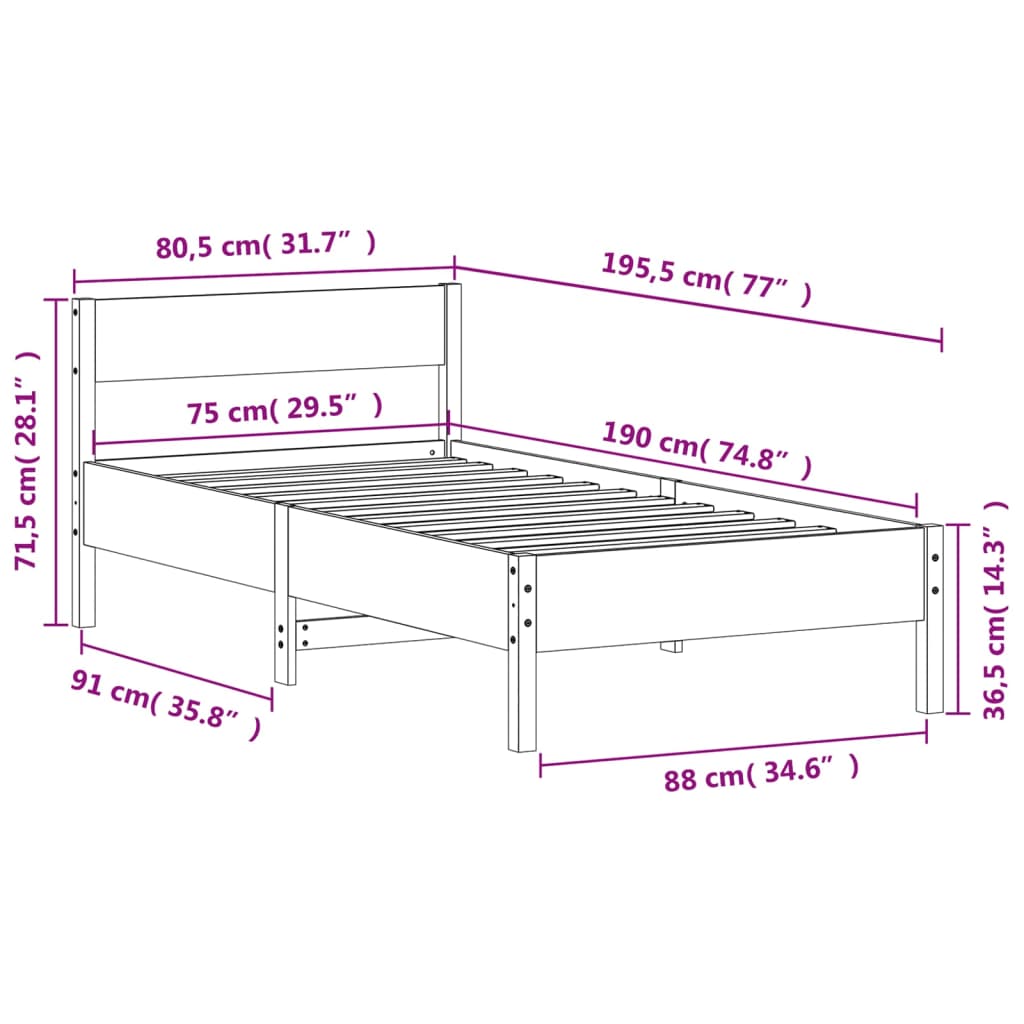 Sengeramme uten madrass 75x190 cm heltre furu