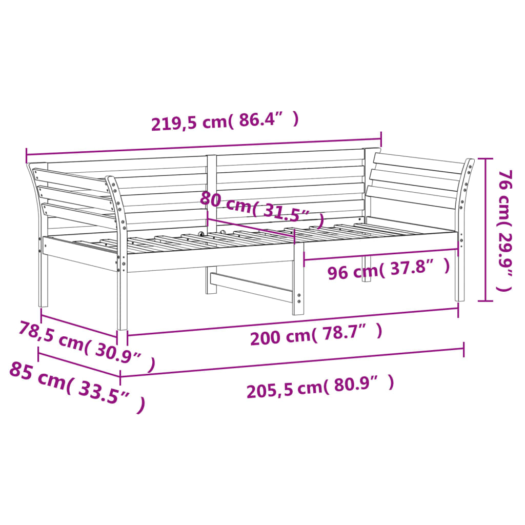 Dagseng uten madrass hvit 80x200 cm heltre furu