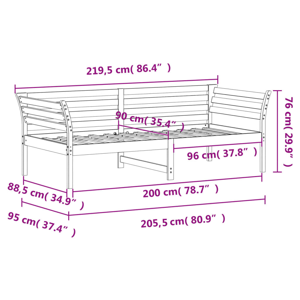 Dagseng uten madrass hvit 90x200 cm heltre furu