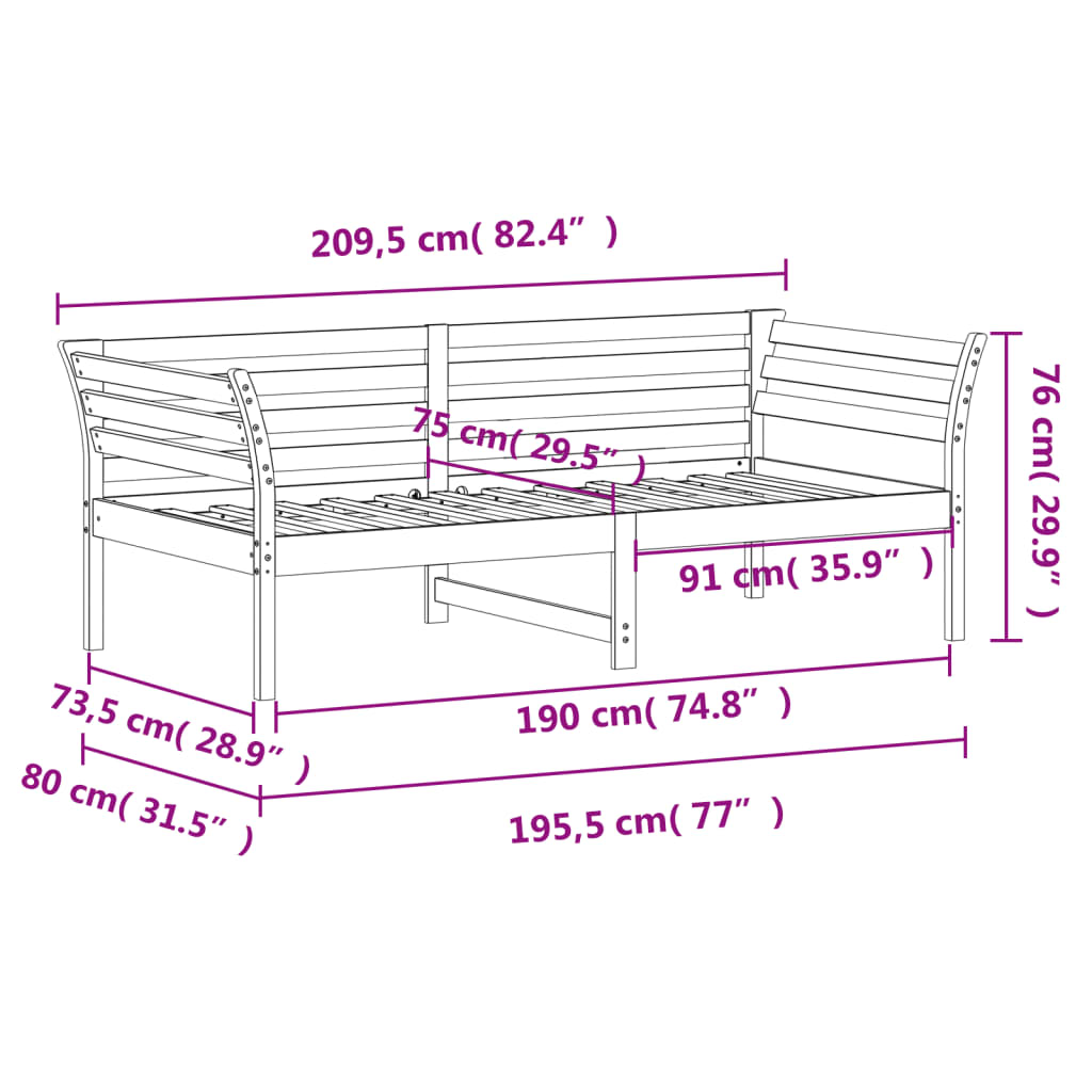 Dagseng uten madrass hvit 75x190 cm heltre furu