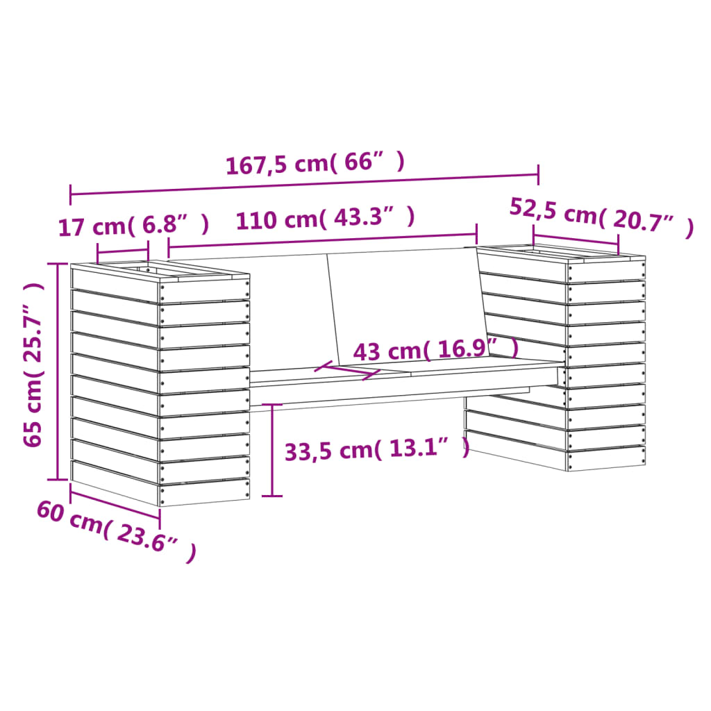 Benk med plantekasser hvit 167,5x60x65 cm heltre furu