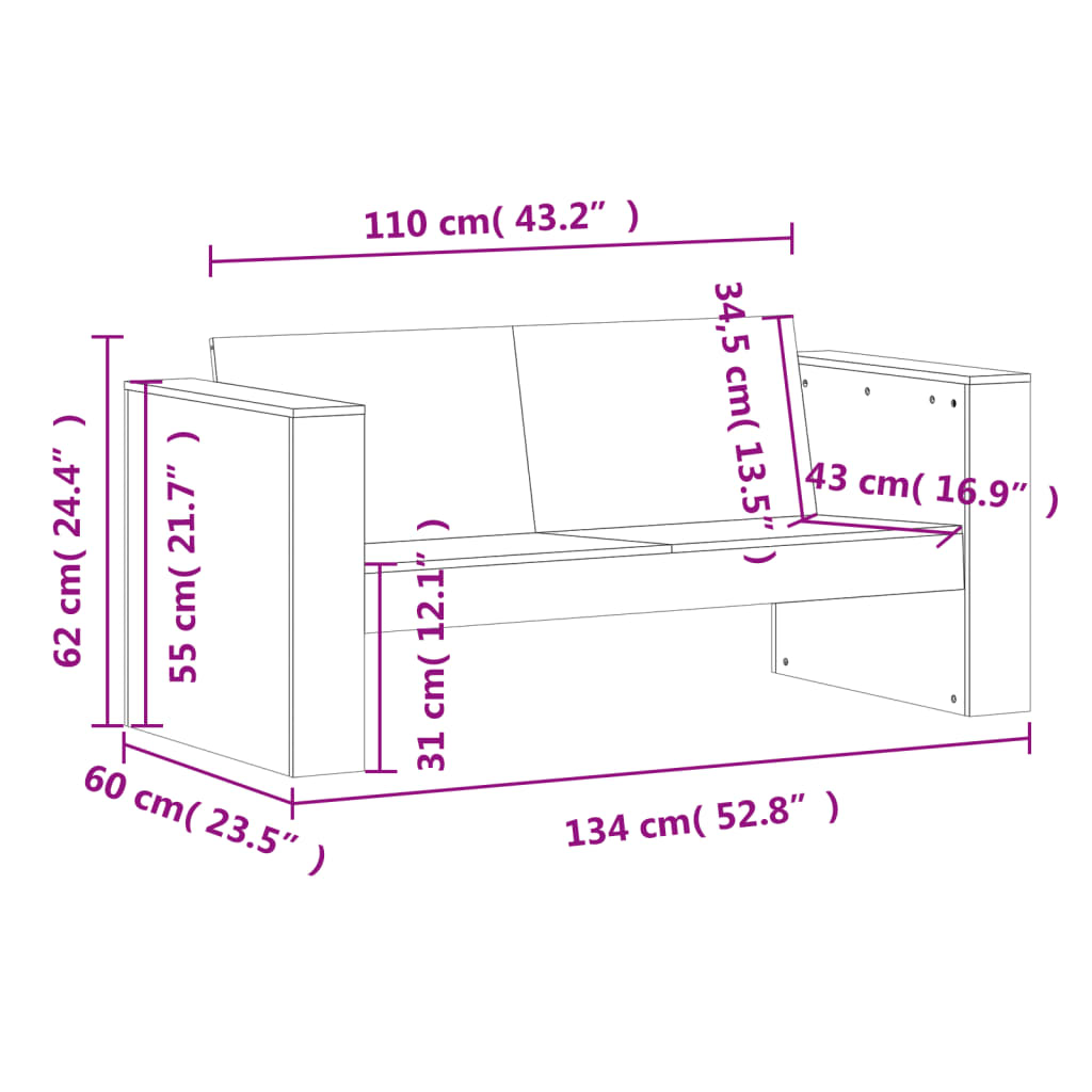 Hagesofa 2-seters voksbrun 134x60x62 cm heltre furu