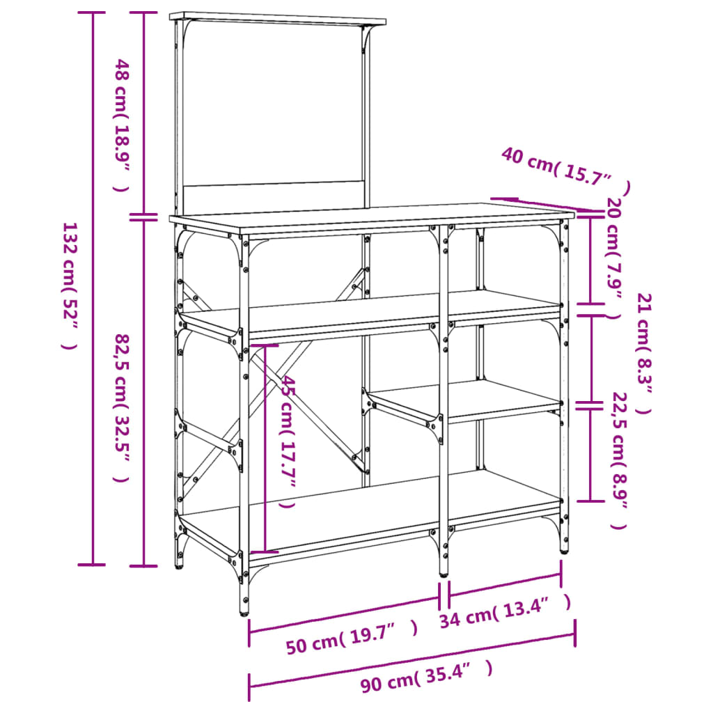 Bakehylle svart 90x40x132 cm konstruert tre og metall